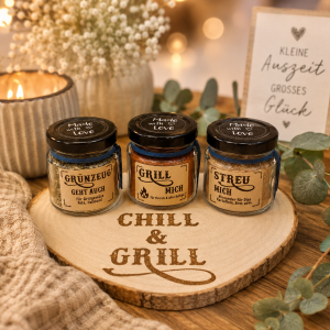 "Chill & Grill" 3er-Gewürz-Geschenkset mit Baumscheibe von Miss Cosy