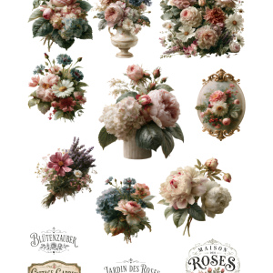 RubOn Transfer – Vintage Rosen | A4 RubOn-Bogen mit romantischen Blumenmotiven & Vintage Wordarts